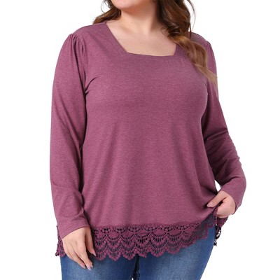 Agnes Orinda Women's Plus Size Lace Hem Square Neck Long Sleeve Casual Tunic Blouse