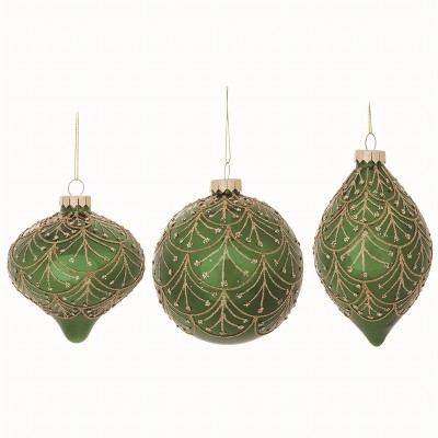 Transpac Glass Green & Gold Ornament Set of 3 Christmas Home Decorations