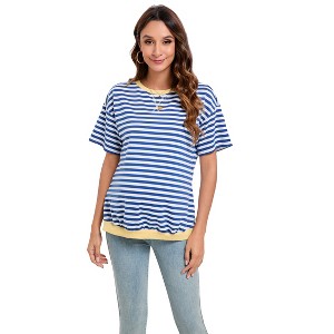 Maternity Shirts Women's Casual Floral Print Tops Pregnancy Puff Short Sleeve Striped Ruched Side Tunic Top - 1 of 4