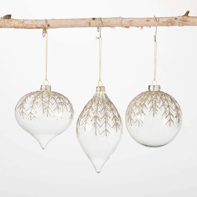 Gold Pine Branch Ornament Multicolor 4"H Glass Set of 3