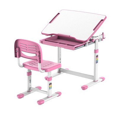 Pink Adjustable Height Kids Desk and Chair Set with Storage Drawer