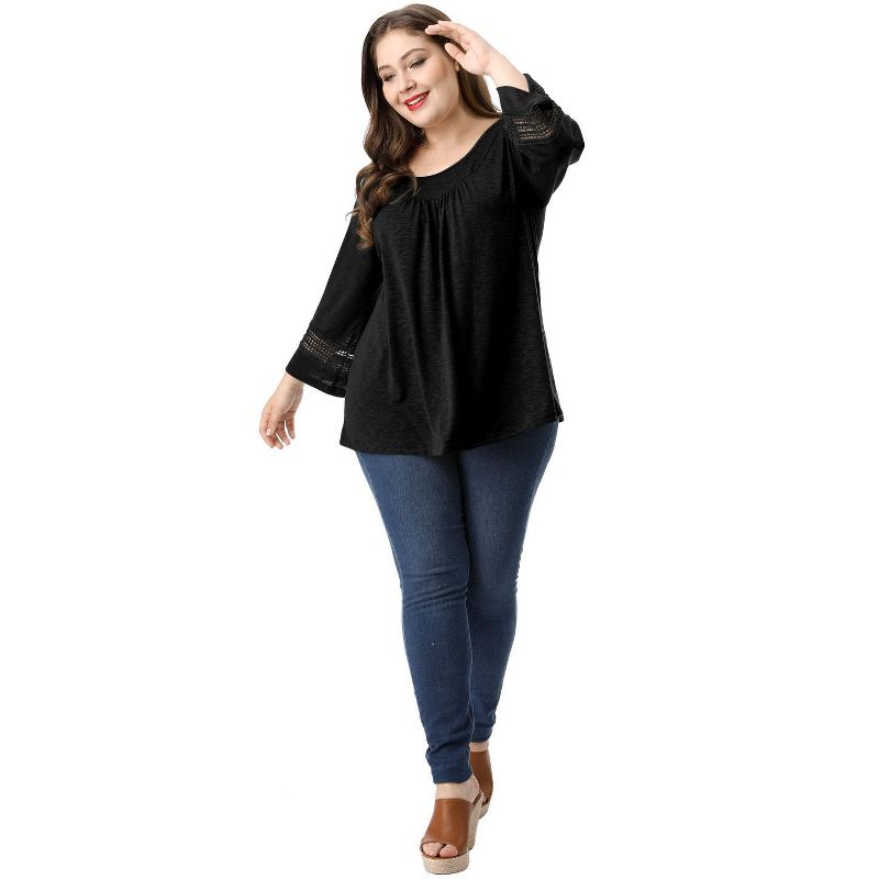 Agnes Orinda Women's Plus Size Crochet Panel Long Sleeves Ruched Front Casual Blouses, 4 of 8