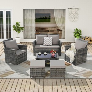 Outdoor 6 Piece Furniture Set, All Weather PE Rattan Sofa Set with Chairs and Table, Armrest Sofas With Cushions and Ottoman-Coolbibila - 1 of 4