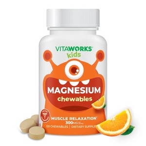 VitaWorks Kids Magnesium Oxide 300mg Chewables - Vegan, non GMO, Gluten Free - For muscle function, Calm, Relax - Orange Flavor - 120 Count - 1 of 4