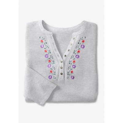 Plus Size Teal V-Neck Embroidered Thermal Henley Tee