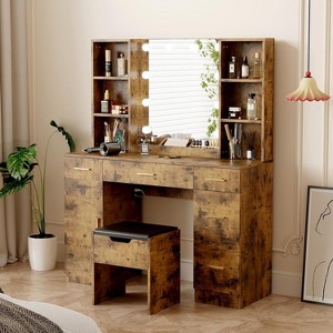 Vanity Desk with Led Lighted Mirror, 10 Led Lights & 5 Metal Sliding Drawers, 3 Color Brightness Adjustable, Vanity Table with 6 Open Shelves - 1 of 4