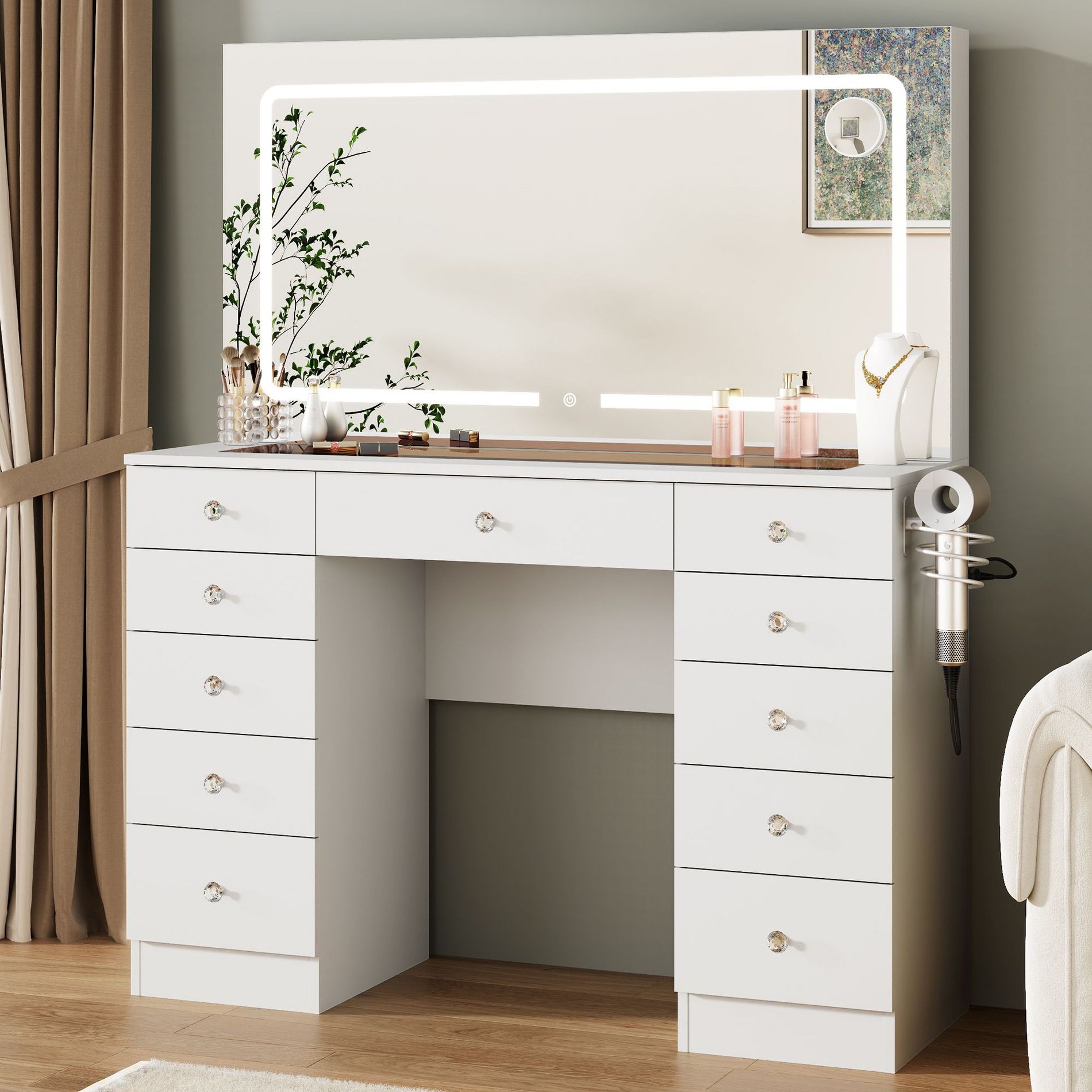 Vanity Desk with Mirror and Lights with 3 Light Modes, 11 Drawers Makeup Vanity Desk with Glass Top, Dressing Table with Large Mirror,White
