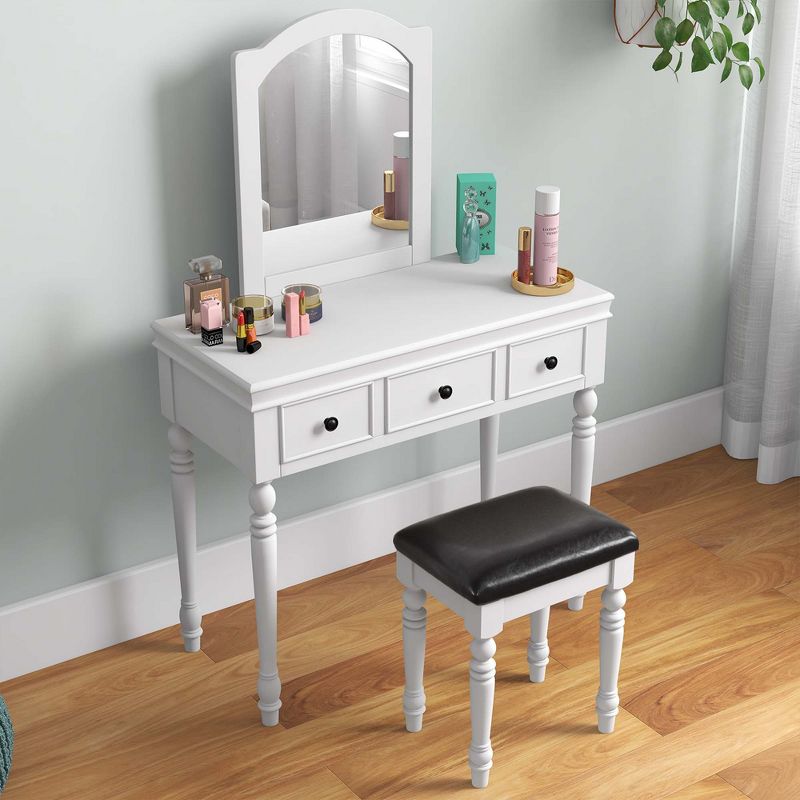 Costway Vanity Table Set Makeup Desk Cushioned Stool 3 Drawer Large Mirror White/Walnut, 4 of 11