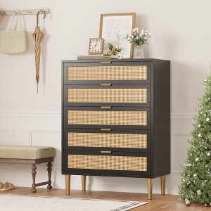 Rattan 5 Drawer Tall Dresser, Modern Chest of Drawers, Wood Narrow Dresser with Metal Legs, Handles, Storage Dresser for Bedroom, Living Room - 1 of 4