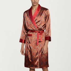 Anna-Kaci Men's Paisley Print Satin Robe with Contrast Shawl Collar and Waist Tie - 1 of 4