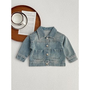MyKids-Usa Baby Kids Button Front Design Washed Style Turndown Collar Denim Jacket Coat - 1 of 4