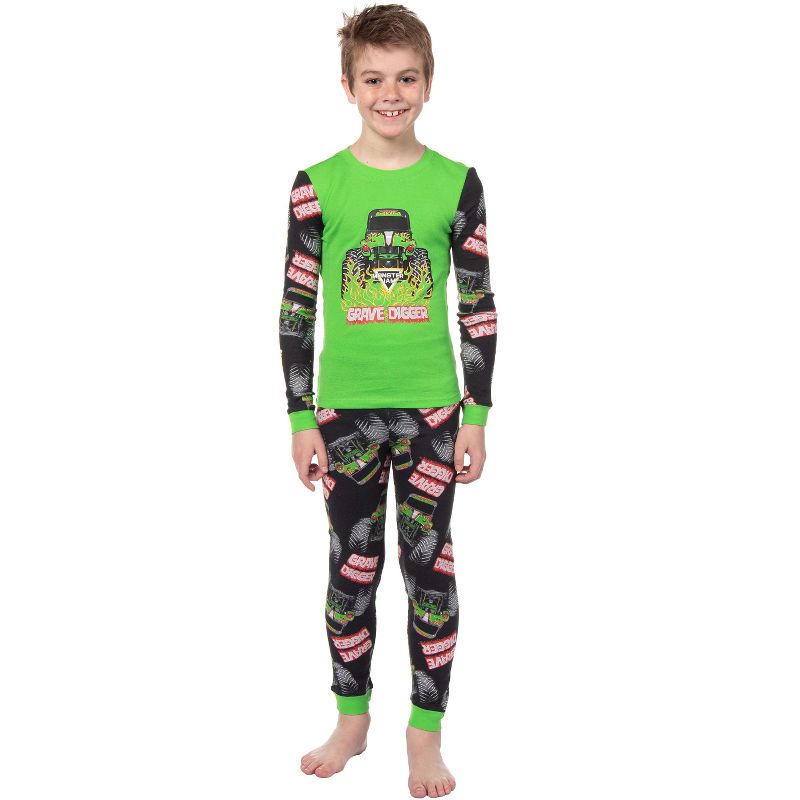 Monster Jam Boys' Truck Long Sleeve Grave Digger Tight Fit Sleep Pajama Set Multicolored, 3 of 6