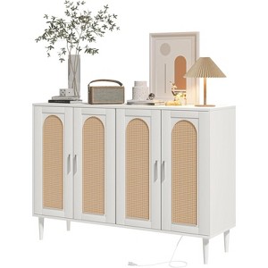 Jojoka Rattan Buffet Cabinet w/ 4 Doors, Adjustable Shelves & Built-in Charging Station-Boho Sideboard for Kitchen, Living Room, Dining Room, Entryway - 1 of 4