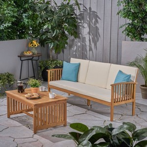 2pc Carolina Acacia Patio Sofa and Coffee Table Set Teak: Weather-Resistant with Cushions - Christopher Knight Home - 1 of 4