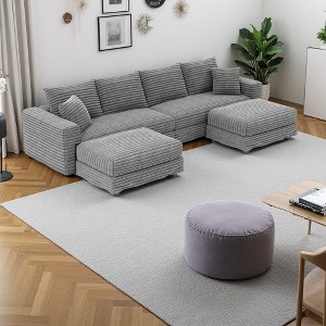 102.4" Plush Corduroy U-Shaped Sectional Sofa, 2 Ottomans, Deep Seat - 1 of 4