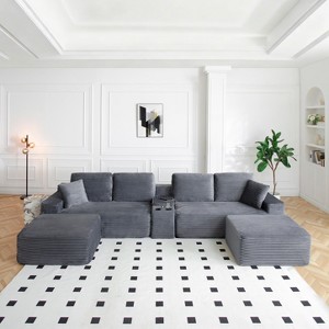 GDFStudio Luvina 150'' 4-Seater Corduroy Upholstered Sectional Sofa with Cup Holders and USB Ports - 1 of 4