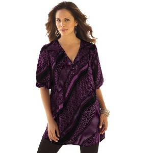 Roaman's Women's Plus Size Printed Y-Neck Georgette Top - 1 of 4