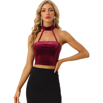 Allegra K Women's Party Punk Sleeveless Gothic Velvet Halter Cold Shoulder Crop Tank Tops