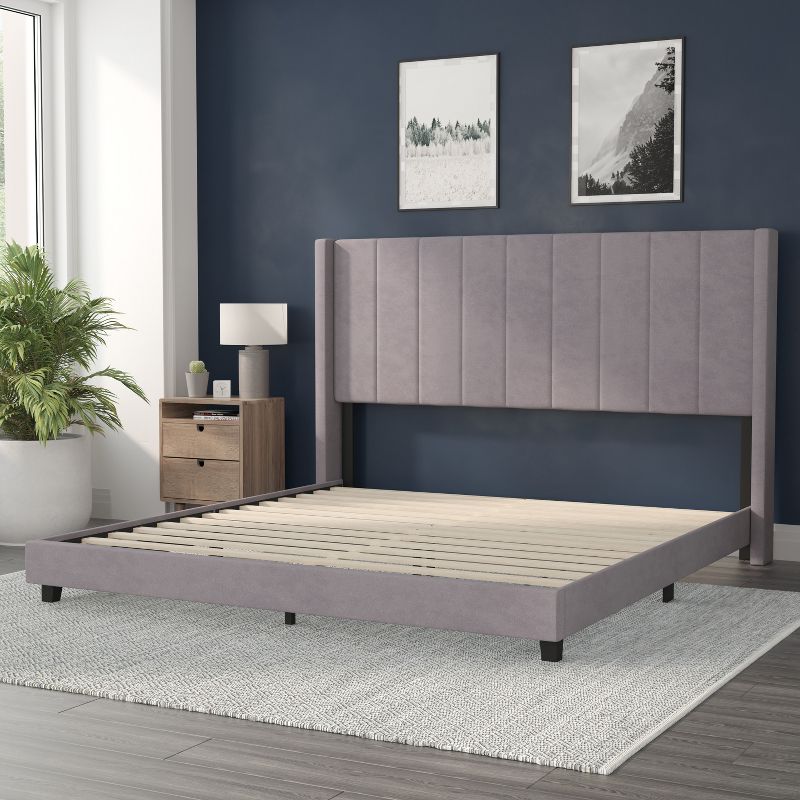 Flash Furniture Bianca Upholstered Platform Bed with Vertical Stitched Wingback Headboard, Slatted Mattress Foundation, No Box Spring Needed, 4 of 12