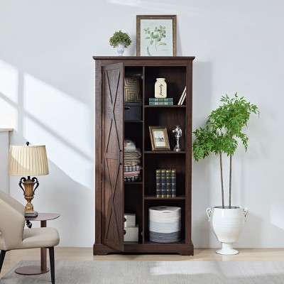 FURNIinspire Utility Storage Cabinets Tall Storage Cabinet, Large Farmhouse Cupboard Kitchen Organizer With Shelves, Door, Brown, 39.37"*15.75"*74.4"