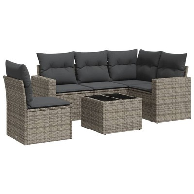 vidaXL 6 Piece Patio Sofa Set with Cushions Gray Poly Rattan - With Table