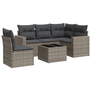 vidaXL 6 Piece Patio Sofa Set with Cushions Gray Poly Rattan - With Table - 1 of 4