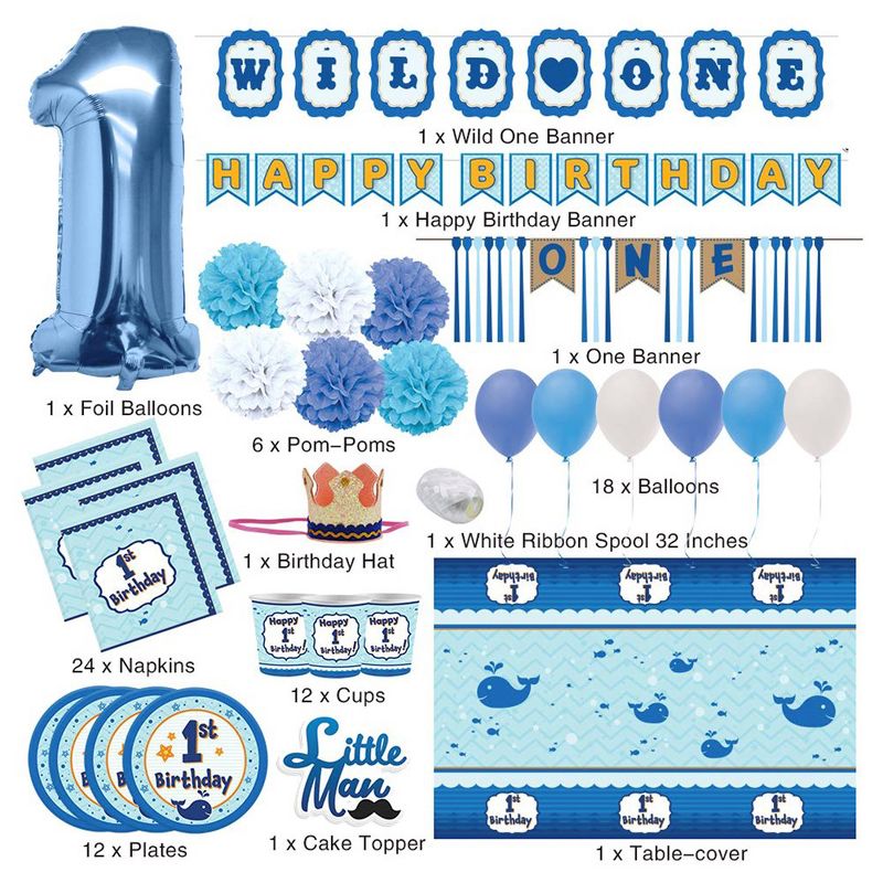 80PCs Baby Boy 1st Happy Birthday Decorations Party Supplies, High Chair Bday Banner, Confetti Balloons, Hats, Cake Topper, Plates, Cups, Tableware, 4 of 8