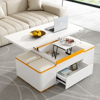 PAGED Modern Space Saving Lift-Top Coffee Table with 4 Stools & Foldable Top,Functional Storage Tea table Center Table for Living Room,Bedroom