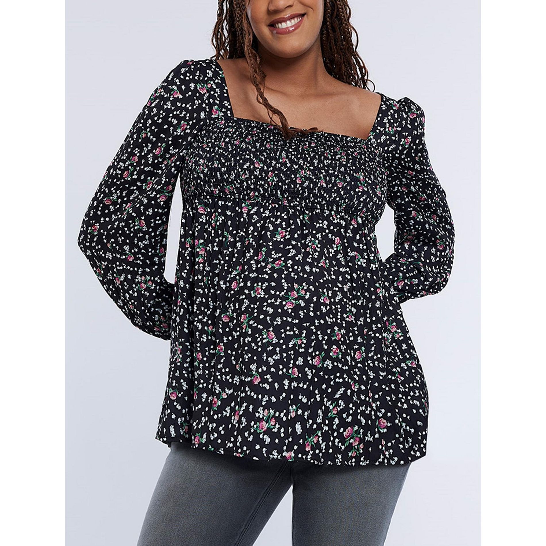 Women's Smocked Square Neck Long Sleeve Babydoll Maternity Top - Black Ditsy Floral - Size: X Small - Motherhood Maternity