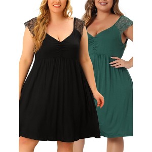 Agnes Orinda Women's Plus Size Lace Cap Sleeve Deep V Peplum Flowy Packs Nightgowns - 1 of 4
