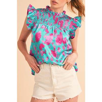 I AM A FASHION JUNKY Green Floral Print Ruffled Flutter Shoulder Smocked Blouse