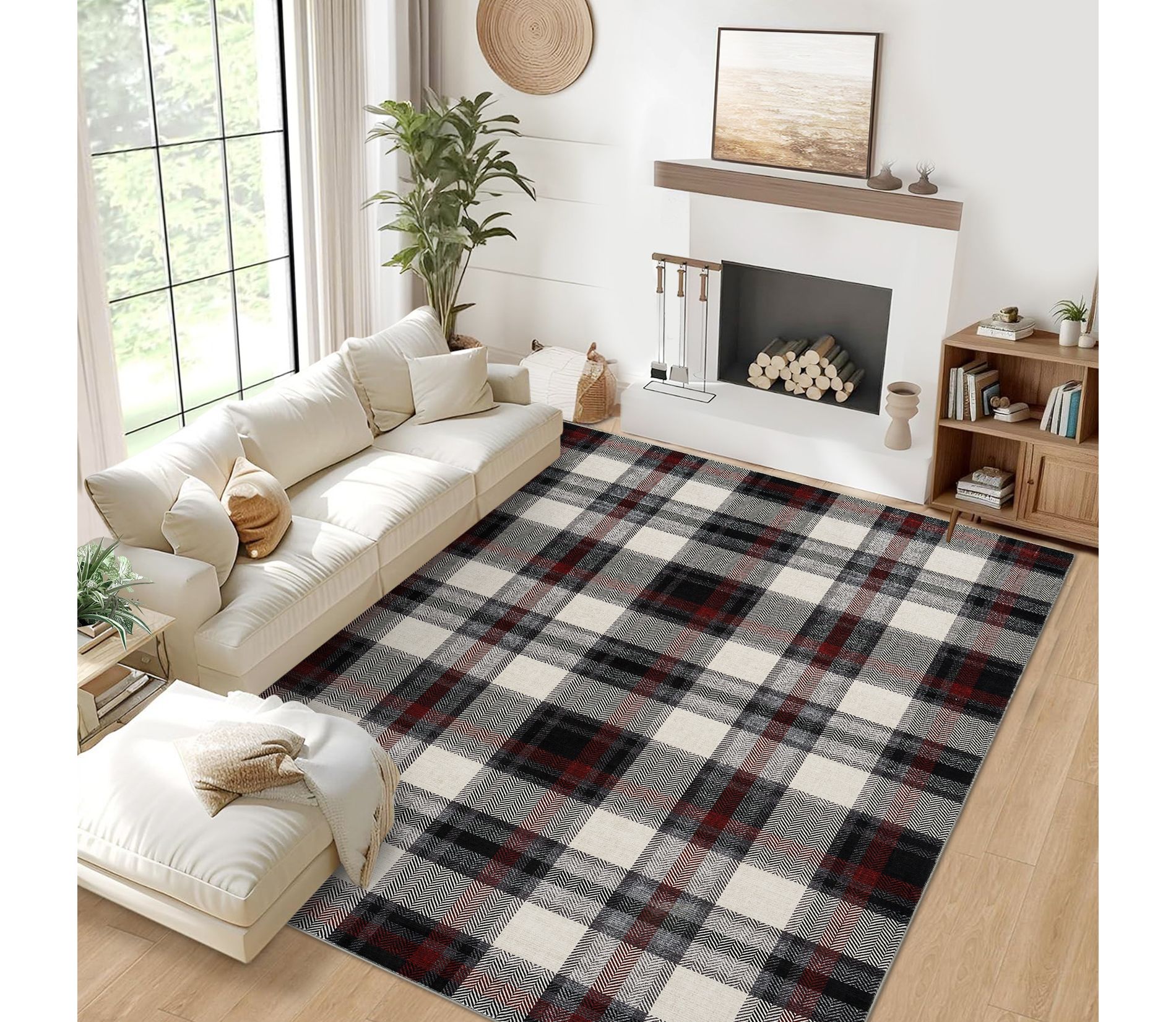 Washable Area Rug for Living Room, Modern Bedroom Rustic Large Plaid Area Rug, Checkered Non Slip Throw Rugs, Carpet for Nursery Dining Room Office