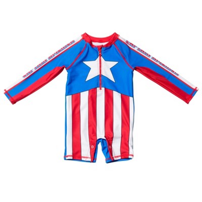 Marvel Avengers Captain America Toddler Boys Zip Up One Piece Swimsuit Blue 5t Target