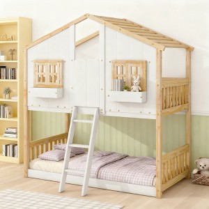Luxystar Twin over Twin House Bunk Bed with Roof , Window, Window Box, Door, Safety Guardrails and Ladder for Kids’ Room - 1 of 4