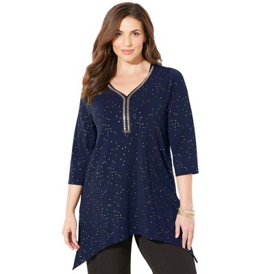 Catherines Women's Plus Size Metallic Dot Sharkbite Top - 4x, Navy : Target