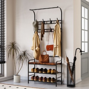 Acekool Hall Tree Shoe Bench with 8 Hooks, 2 Storage Shelves & Sturdy Steel Frame, Space-Saving Entryway Coat Rack and Shoe Organizer - 1 of 4
