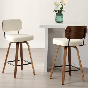 Bekrvio 26"/29" Mid-Century Modern Swivel Bar Stools Set of 1/2/3/4- Faux Leather Upholstered with Back and Bent Wood Legs,Ideal for Kitchen Island - 1 of 4