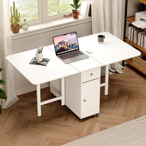 ATJafurn 58.9'' Folding Table No Assembly Required, Rectangular Wooden Extendable Dinning Table With Wheels And Storage - 1 of 4