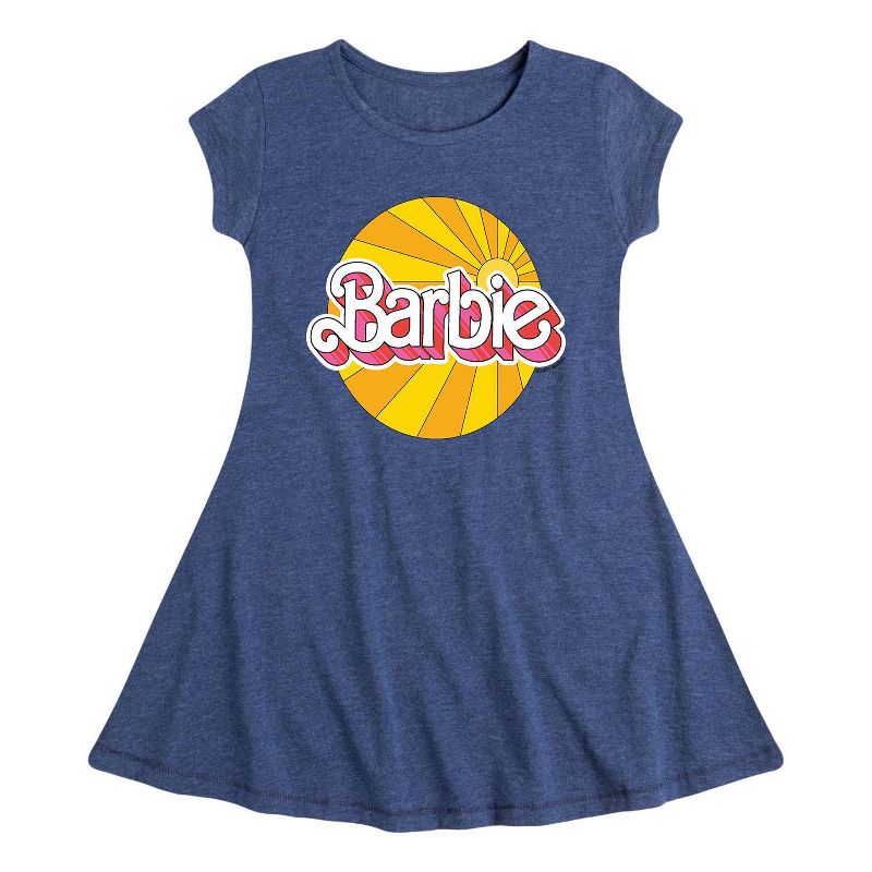 Girls' Barbie Sunburst Logo Cap Sleeve Fit & Flare Dress - Heather Navy Blue, 1 of 2