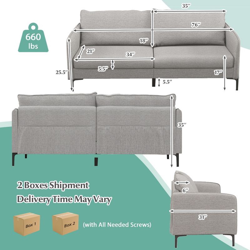 Costway Modern 76'' Loveseat Sofa Couch for Living Room Apartment Dorm with Metal Legs Gray, 3 of 11