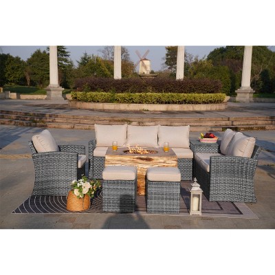 7pc Outdoor Wicker Sectional Sofa & Rectangular Wooden Print Gas Fire