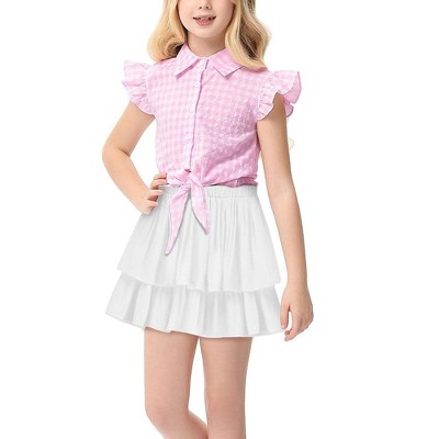 Girls Tops and Skirts Set Tie Front Knot Plaid Tops with Ruffle Skirts Short Sleeve Button Down Shirts Co-ords for Gilr,Toddler