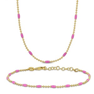 EVERLY JEWELRY | Yellow Plated Sterling Silver 1.5mm Ball Link Pink Enamel Chain Necklace and Bracelet Set -17 in + 7.5 in - 1 of 4