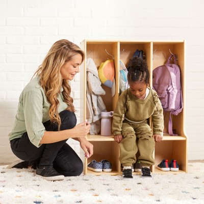 Natural Lacquered Birch 3-Section Toddler Coat Locker with Bench