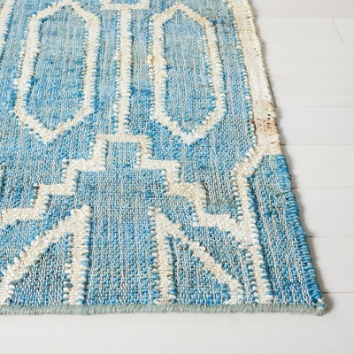 Blue and Ivory Geometric Hand-Woven Natural Fiber Runner Rug