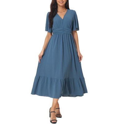 Seta T Women's Boho Ruffle Short Sleeve V Neck Swiss Dots Tiered Midi Dress