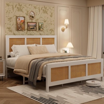 Rattan Bed Frame,  Metal Platform Bed with Natural Rattan Headboard Footboard and Silent Metal Slats Suppor