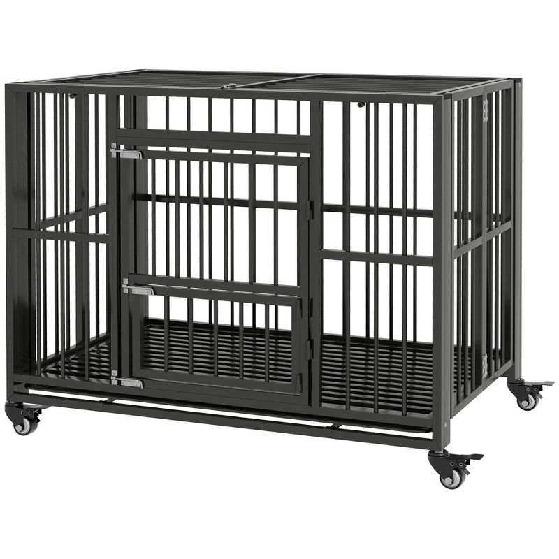 PawHut 43" Heavy Duty Dog Crate, Steel Foldable Dog Crate with 4 Lockable Wheels, Openable Top, Removable Trays for Medium and Large Dogs, Black, 4 of 7