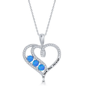 Opalata Sterling Silver 'I Love You Forever' CZ Heart 18" Pendant Necklace - Blue Opal - Blue - 1 of 2
