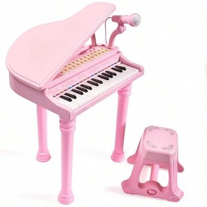Key Piano Toy Birthday Gift for , Pink Musical Piano with Microphone and Stool - 1 of 4